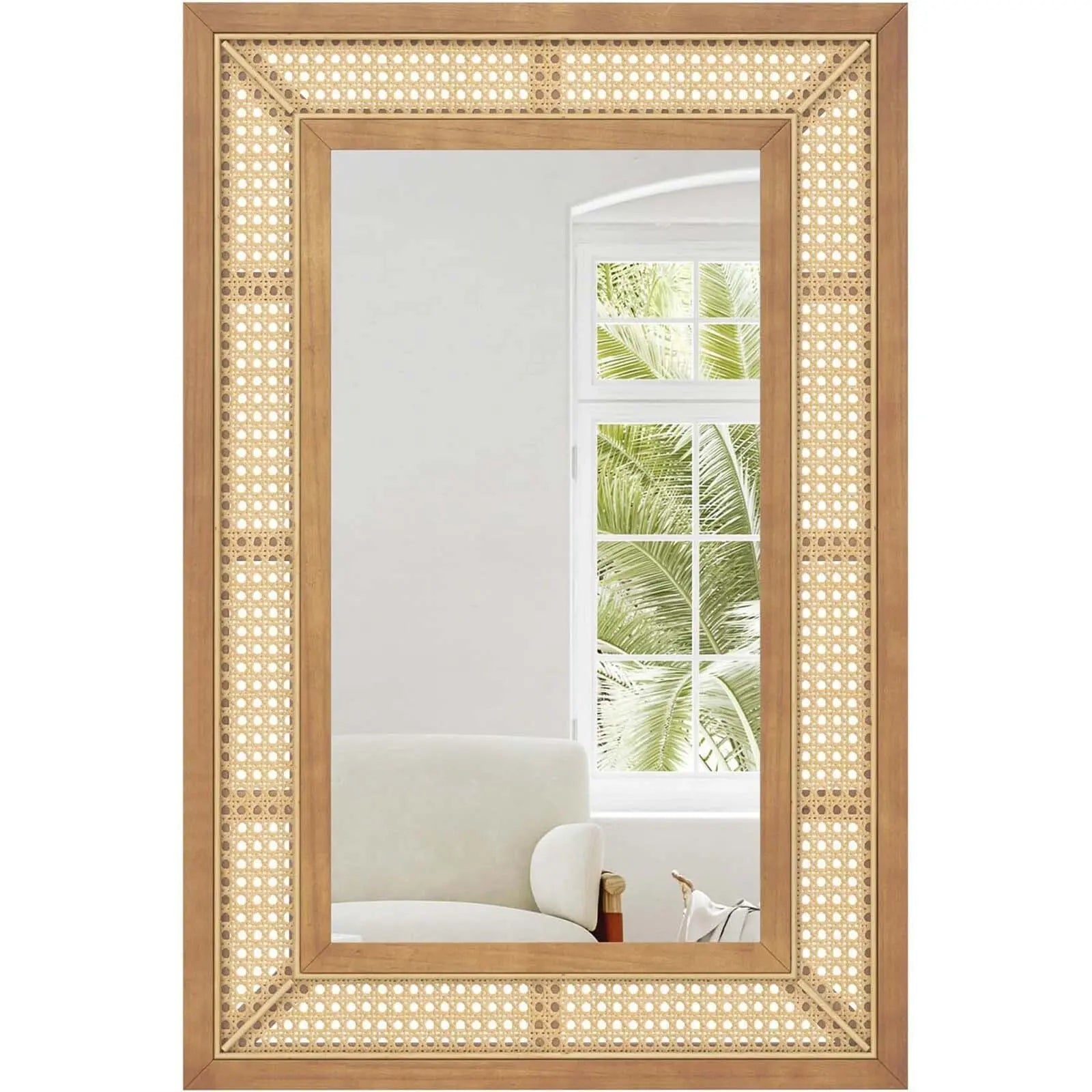 Miroir mural en rotin Nesty - Vue de face sur fond blanc, cadre en cannage rotin et bois, reflet d'une fenêtre avec palmiers