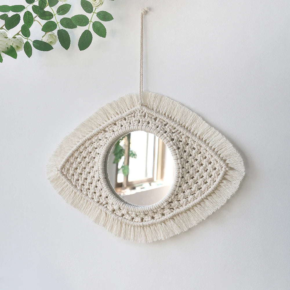 Miroir mural rond macramé blanc, 25 cm, décoration bohème (vue 5) - Nesty