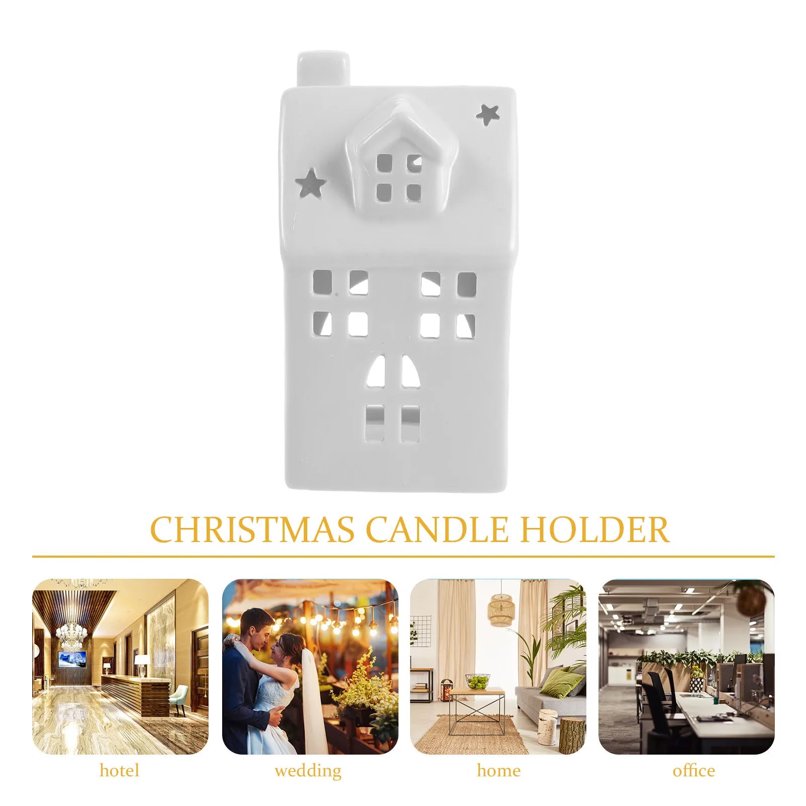 Photophore ajouré en céramique Nesty - Vue de face de la maisonnette avec cheminée et étoiles ajourées, visuel Christmas Candle Holder