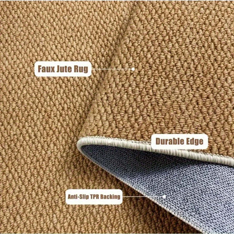 Tapis effet jute tressé, gros plan sur la bordure cousue et l'envers antidérapant gris - Nesty