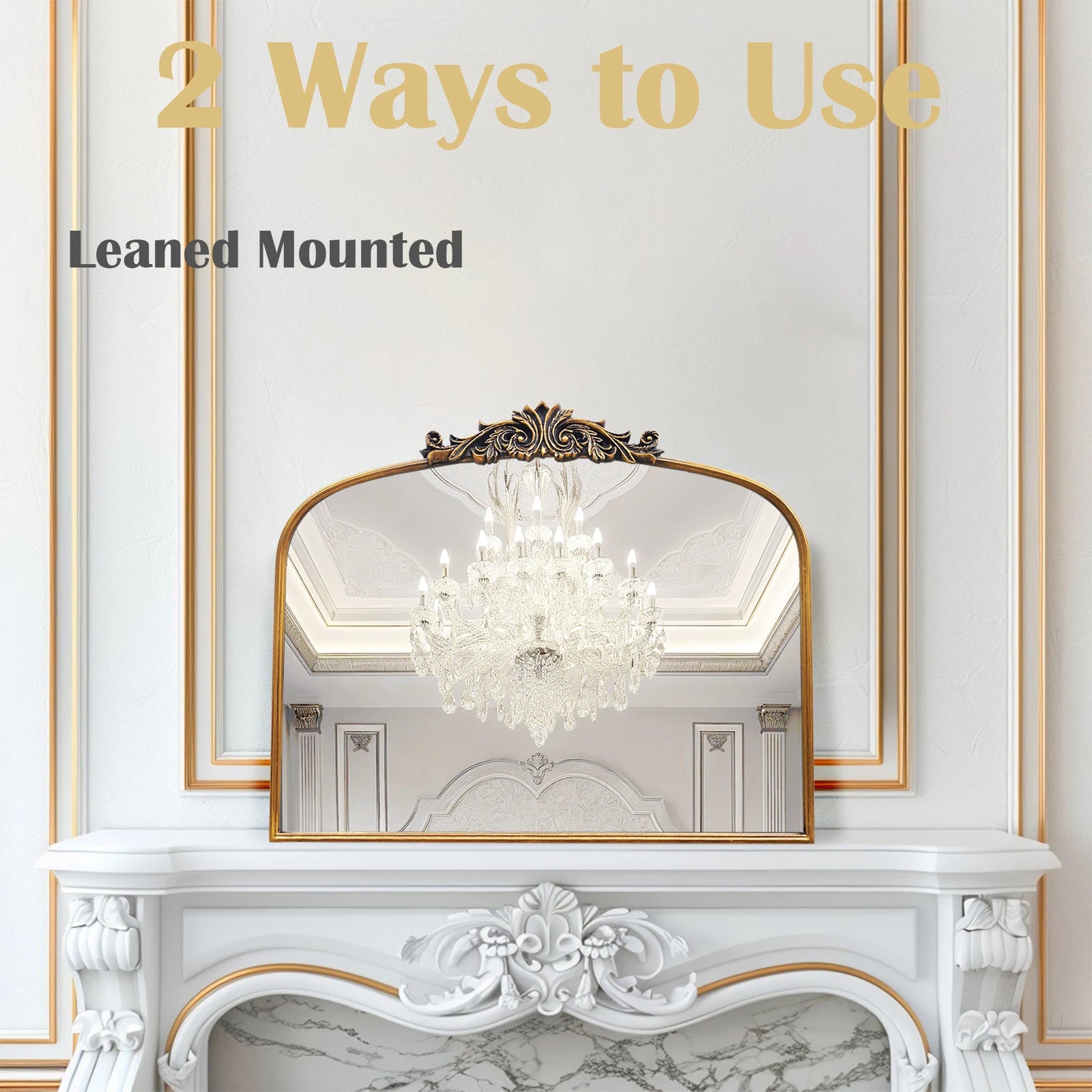 Miroir baroque cintré — relief doré - Nesty, posé en appui sur une cheminée blanche, mention pose murale ou en appui