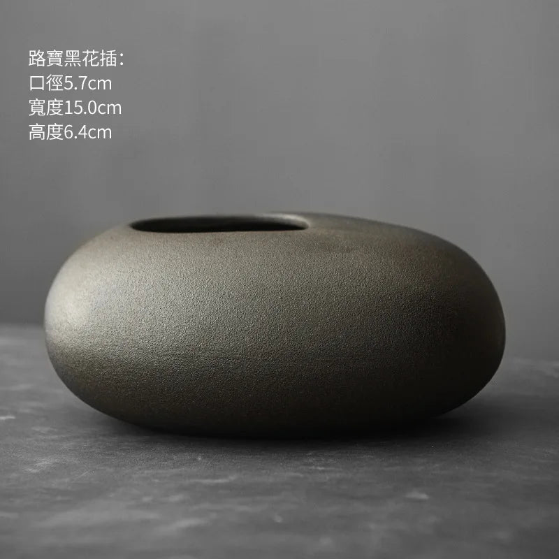 Vase en terre cuite noire, effet pierre brute Nesty, vase aplati galet noir mat très large, fiche produit en chinois avec dimensions