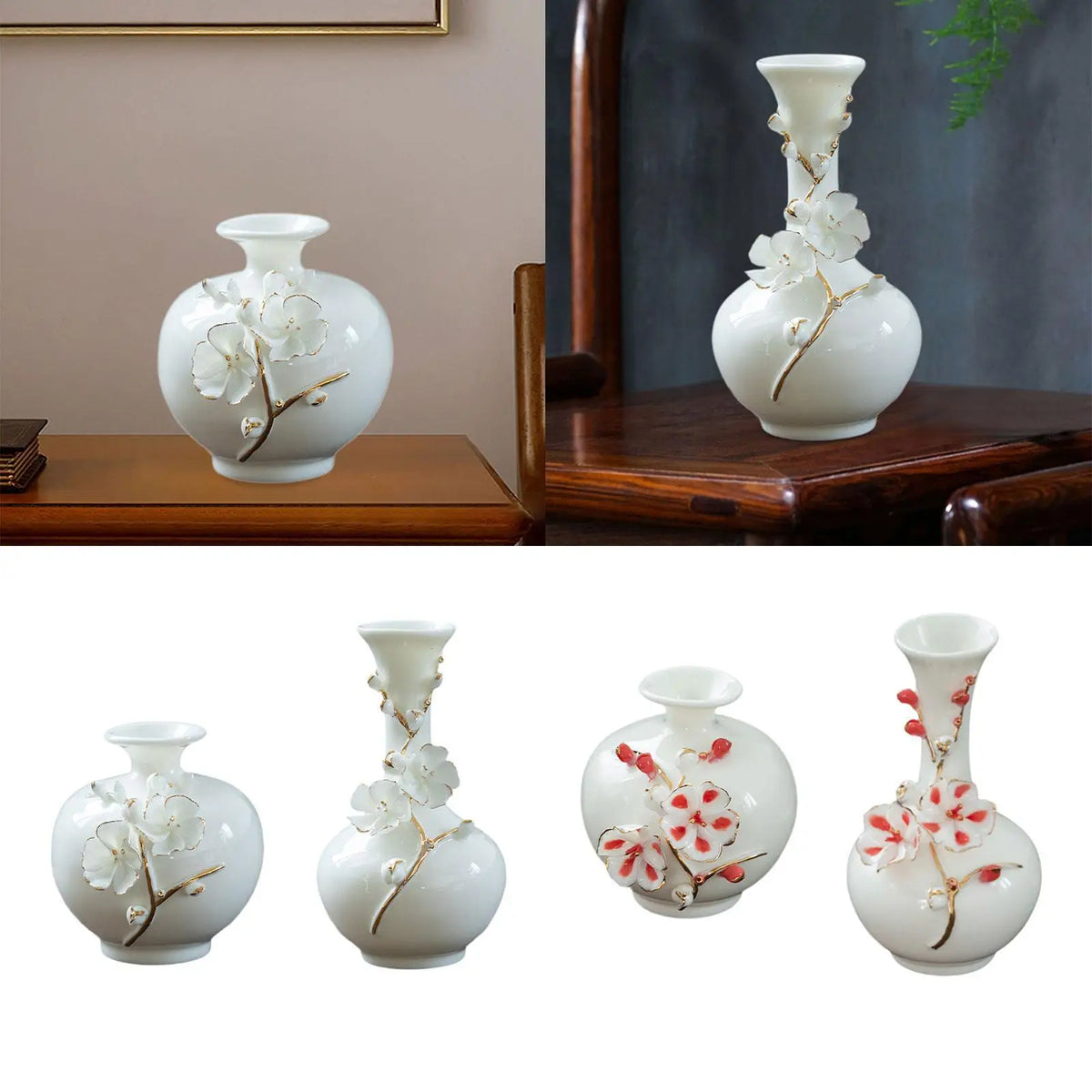 Vase en céramique peint à la main Nesty - Sur table en bois, et quatre variantes de formes et coloris (blanc, blanc et rouge)