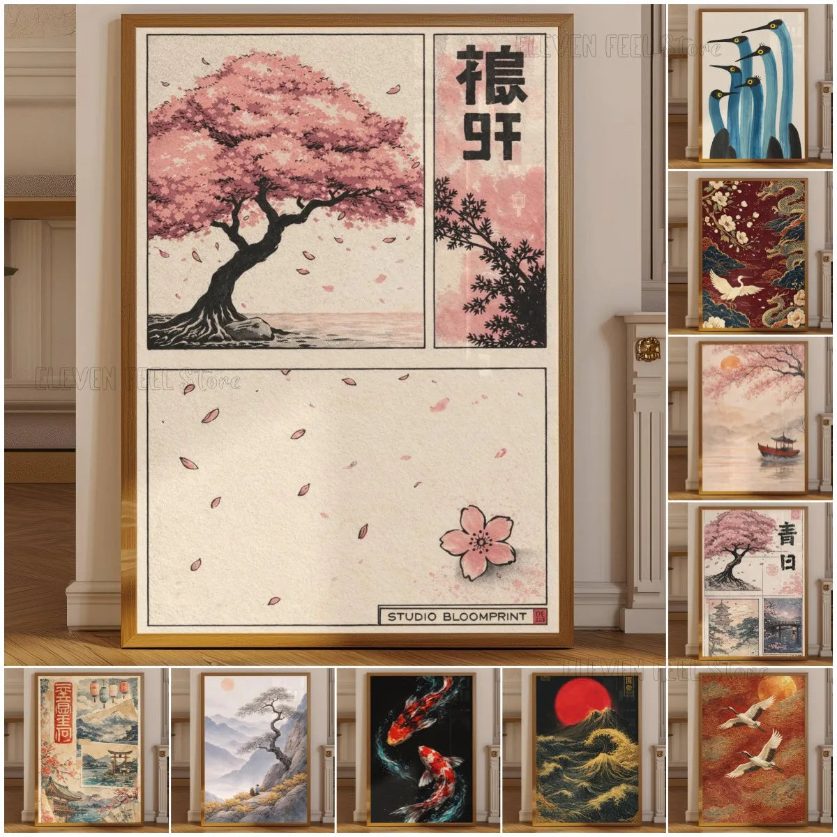 Toile imprimée cerisier en fleurs Nesty - Affiche encadrée en bois doré, cerisier rose en fleurs avec pétales tombants et calligraphie japonaise
