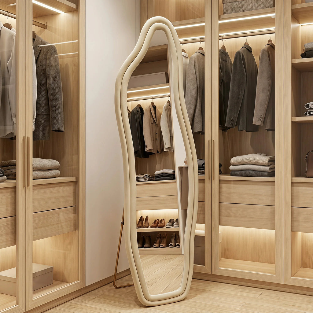 Miroir mural ondulé Nesty - Cadre écru habillé de flanelle, posé dans un dressing avec vêtements et chaussures
