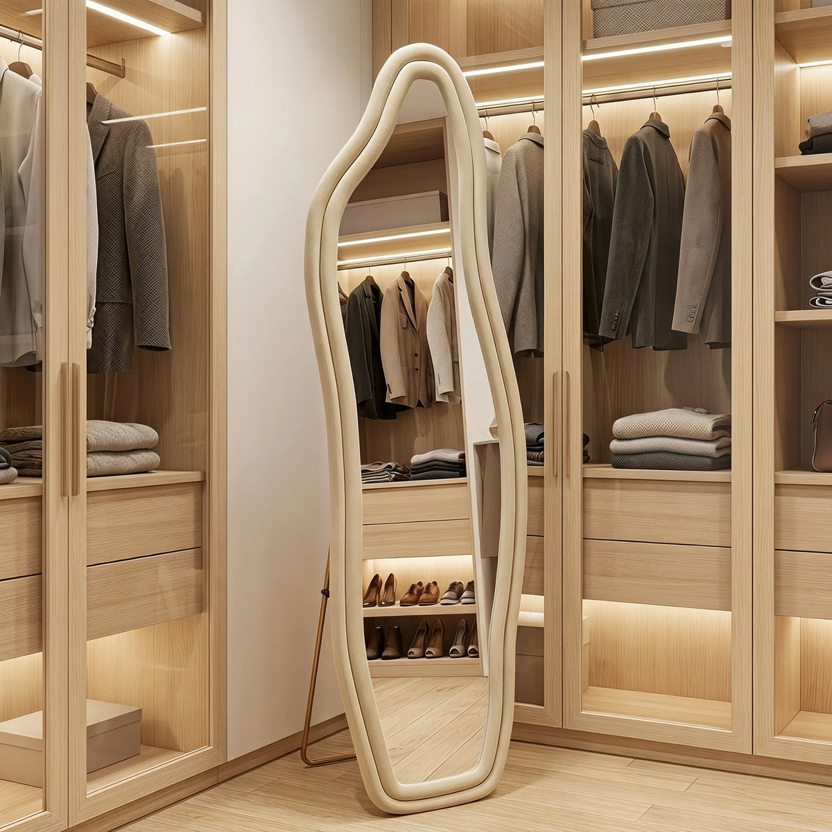 Miroir mural ondulé Nesty - Cadre écru habillé de flanelle, posé dans un dressing avec vêtements et chaussures