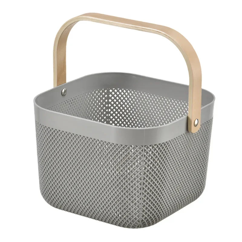 Panier de rangement ajouré en plastique avec poignée bois (vue 7) - Nesty