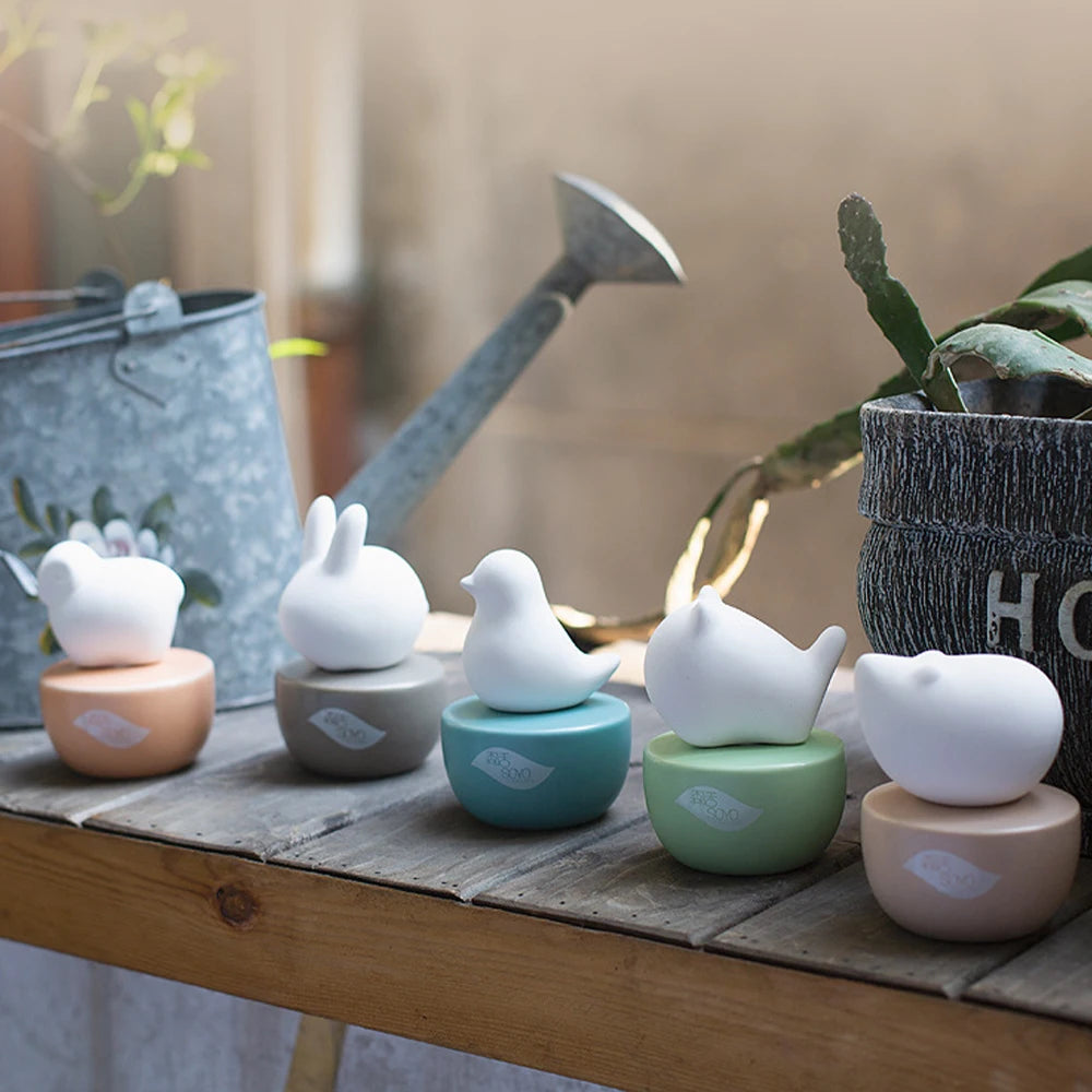 Diffuseur de parfum sans flamme forme animale Nesty - Cinq figurines alignées sur étagère extérieure près d'un arrosoir et de plantes