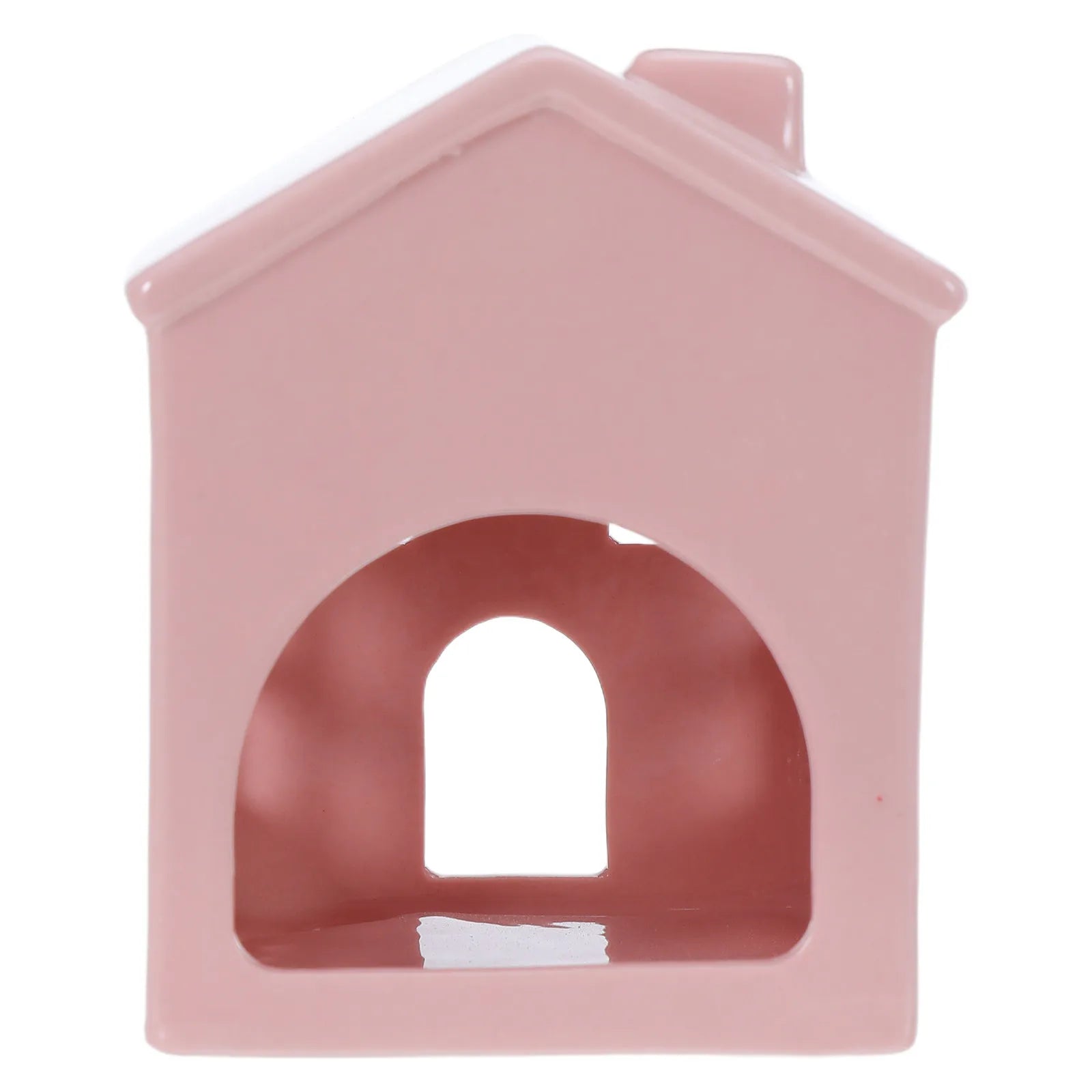 Photophore céramique rose forme maisonnette avec cheminée, porte cintrée ajourée, vue de face - Nesty