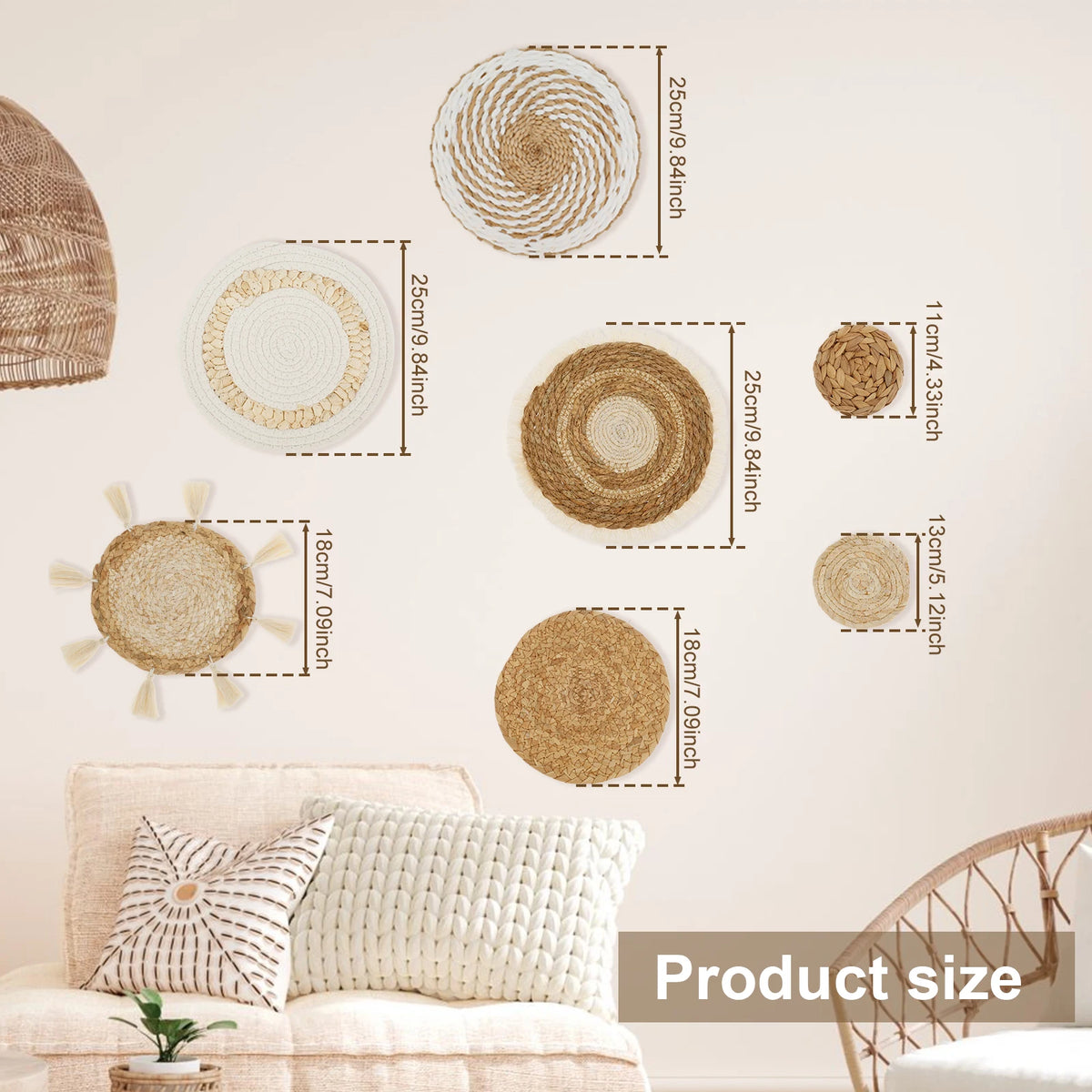 Lot de 7 paniers muraux tressés, décoration murale bohème - Nesty (vue 6)