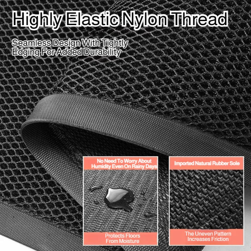 Paillasson d'entrée noir en filet nylon 3D, gros plan sur le tissage élastique, impermeable et semelle en caoutchouc naturel - Nesty