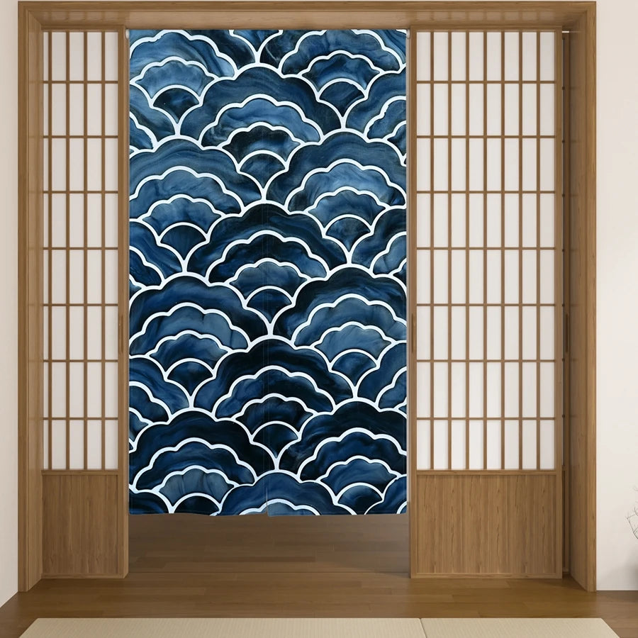 Rideau japonais noren bleu à motif vague, en lin pour porte - Nesty (vue 4)