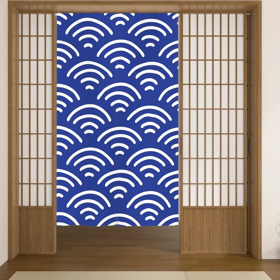Rideau japonais noren bleu à motif vague, en lin pour porte - Nesty (vue 3)