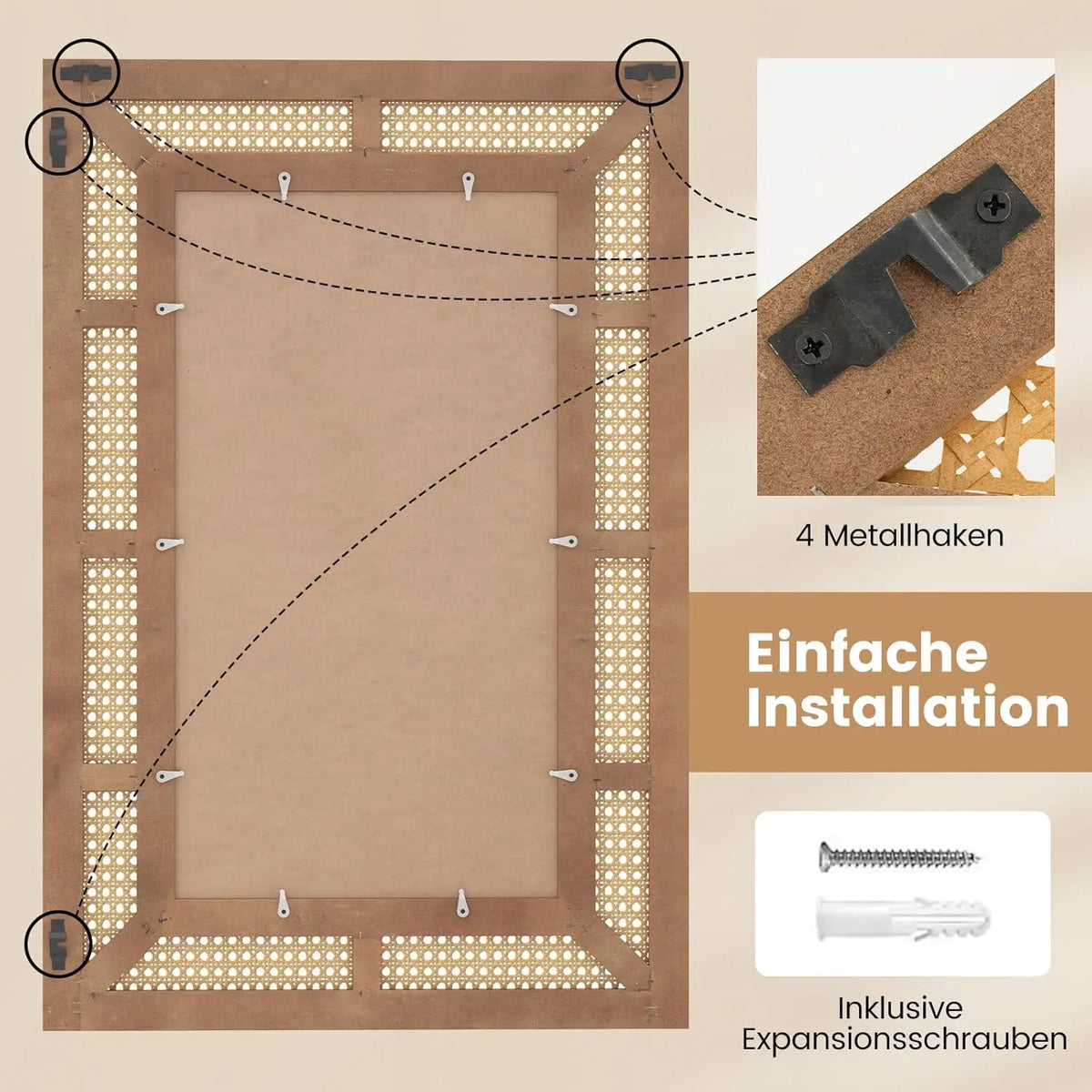 Miroir mural en rotin Nesty - Dos du miroir avec crochets de fixation et vis (contenu en allemand)