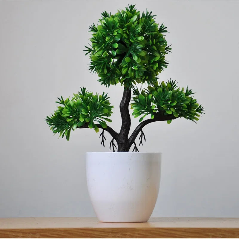 Bonsaï artificiel en pot, petit arbre pour maison et jardin, petit arbre à trois boules de feuillage vert foncé dans un pot rond blanc (vue 25) - Nesty