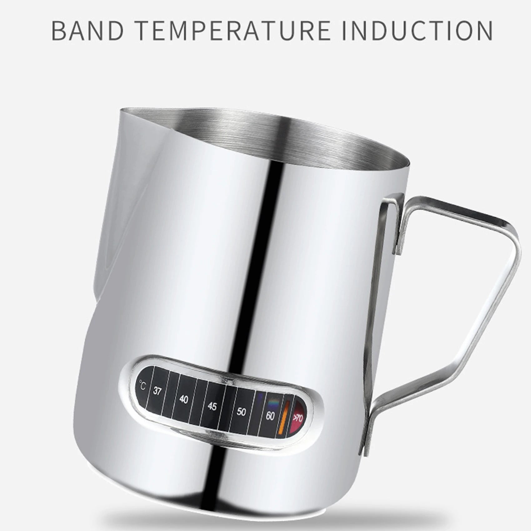 Pichet à lait en inox avec thermomètre intégré Nesty, pichet vu de trois-quarts, bandeau thermomètre visible sur le côté
