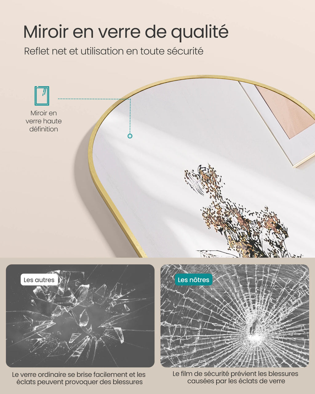 Miroir psyché cintré Nesty - Gros plan sur le verre et comparatif de bris de verre sécurisé (texte en français)