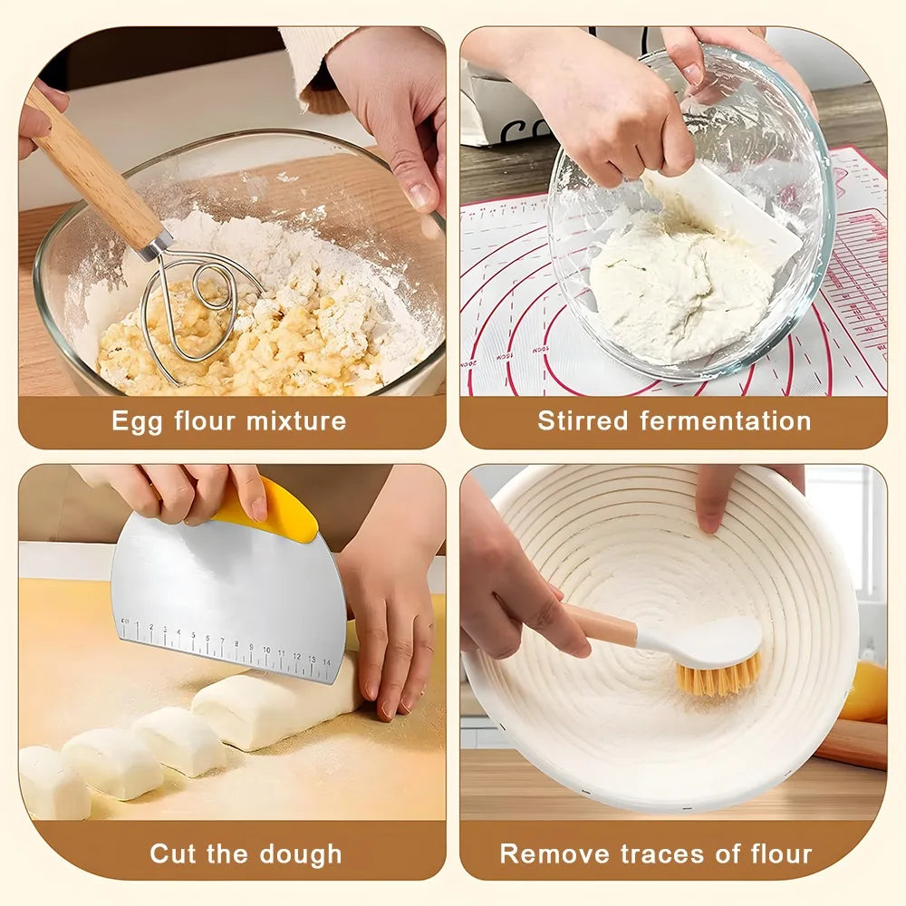Banneton rond en rotin naturel Nesty - Étapes d'utilisation, mélange, pétrissage, découpe et nettoyage du panier à la brosse