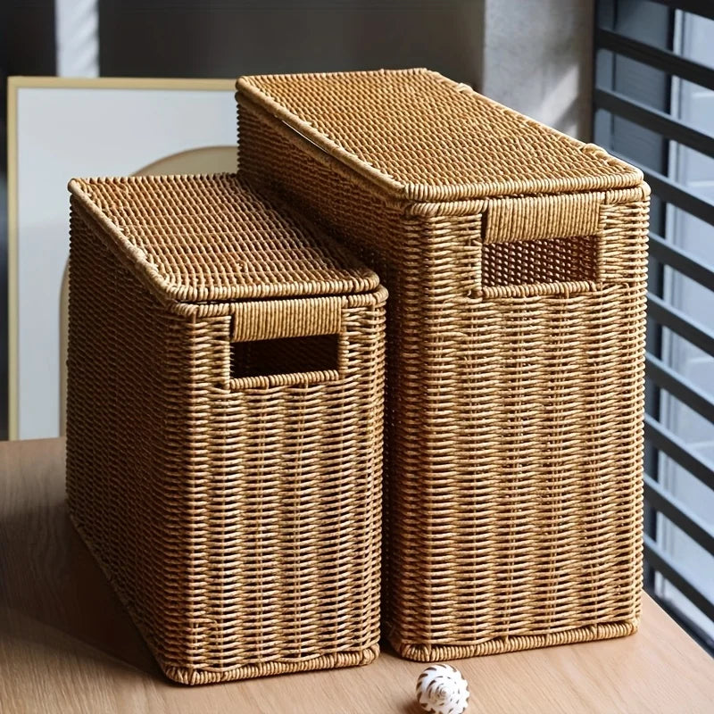 Boîte de rangement haute en rotin tressé Nesty - Deux tailles fermées côte à côte sur table en bois