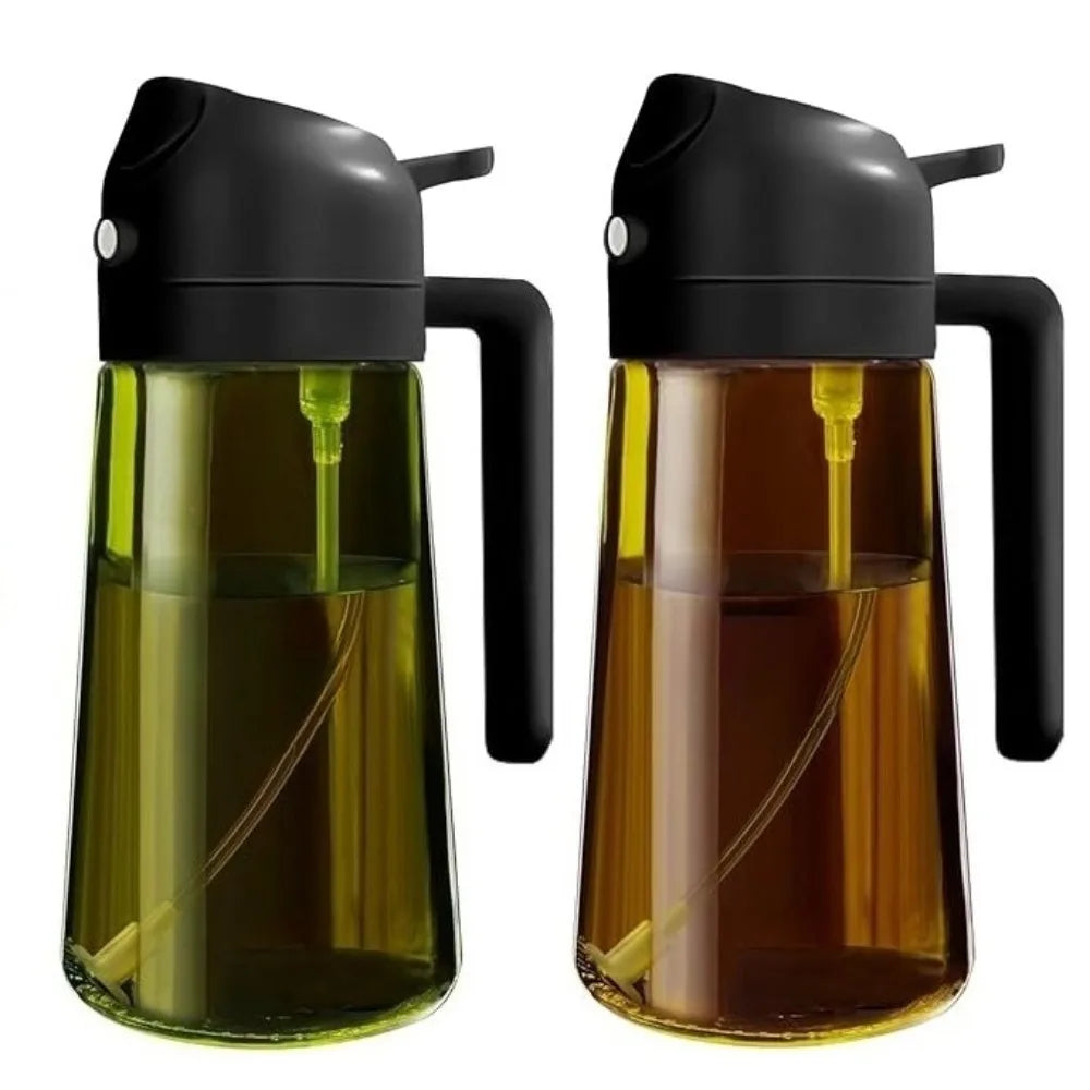 Vaporisateur d'huile en verre teinté, 470 ml Nesty, deux flacons vaporisateurs d'huile à couvercle noir et poignée, l'un rempli d'huile verte et l'autre d'huile ambrée