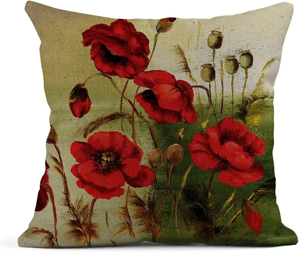 Housse de coussin en lin, motif floral rouge, format carré Nesty, housse de coussin peinte de coquelicots rouges dans un champ vert et beige, style peinture à l'huile
