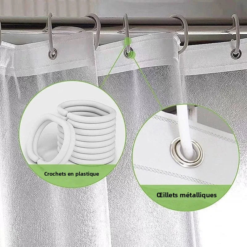 Doublure de rideau de douche en PEVA Nesty - Détails des crochets en plastique et des œillets métalliques