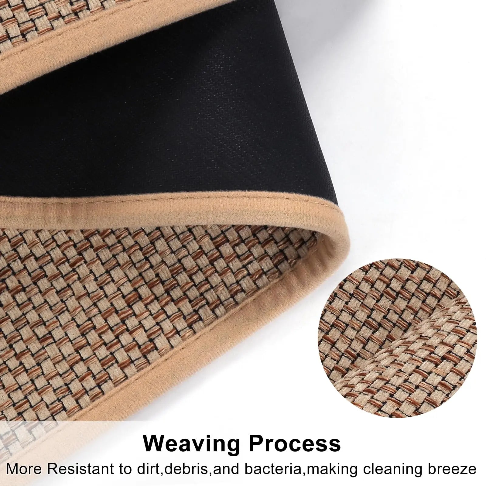 Tapis de cuisine tissé en lin — motif à carreaux - Nesty, détail du tissage et de l'envers en cuir noir