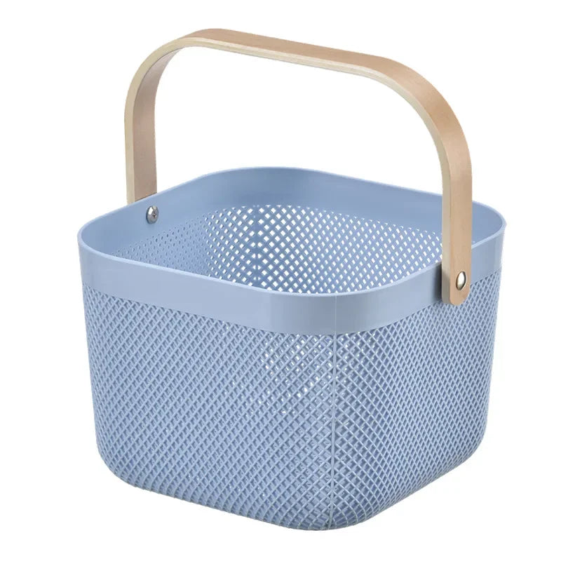 Panier de rangement ajouré en plastique avec poignée bois (vue 6) - Nesty