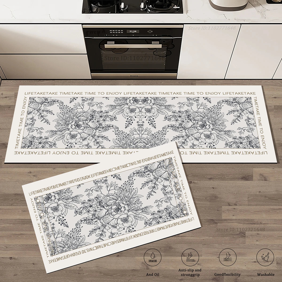 Set de deux tapis de cuisine à motif botanique en dessin noir et blanc avec bordure à inscription, posés dans une cuisine.