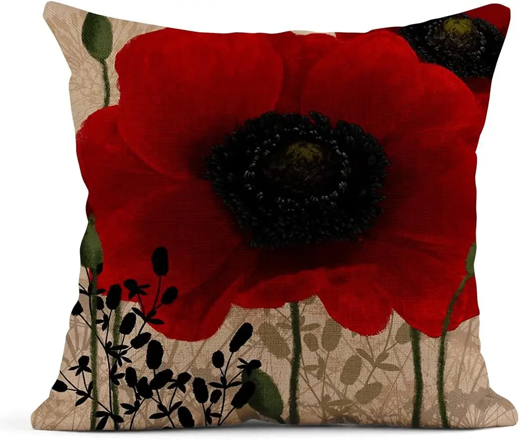 Housse de coussin en lin, motif floral rouge, format carré Nesty, housse de coussin imprimée de grands coquelicots rouges au cœur noir sur fond beige, avec silhouettes de fleurs sauvages en bas