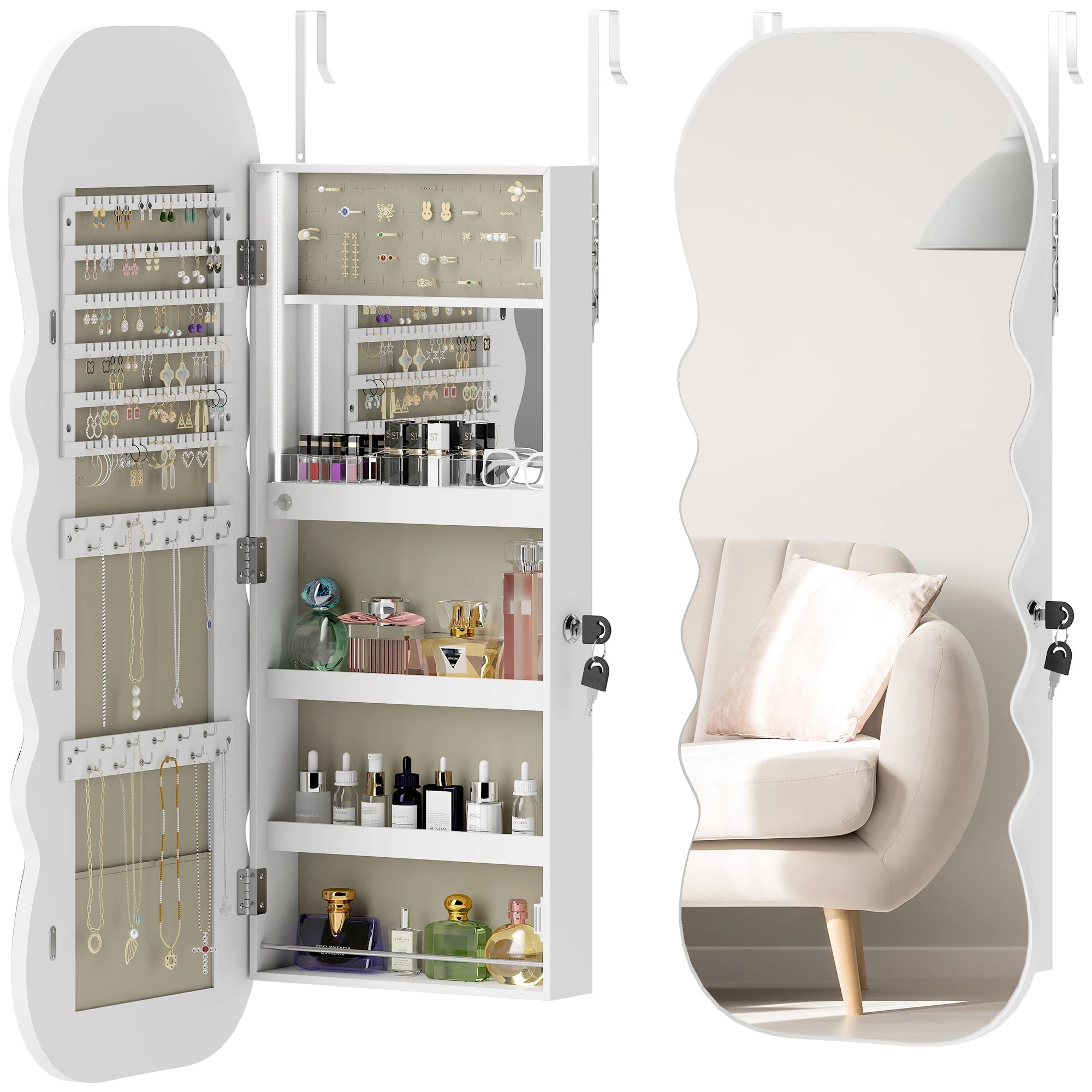 Armoire à bijoux miroir ondulée Nesty - Porte ouverte montrant les rangements à bijoux, boucles d'oreilles, bagues et parfums