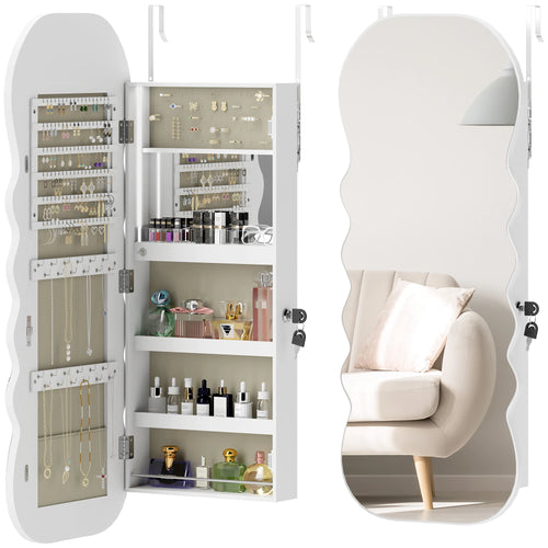 Armoire à bijoux miroir ondulée Nesty - Porte ouverte montrant les rangements à bijoux, boucles d'oreilles, bagues et parfums