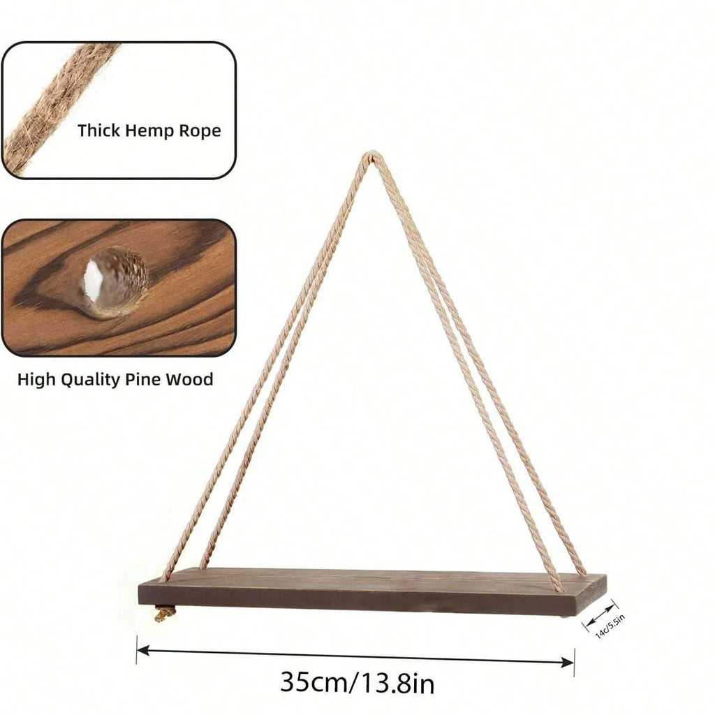 Étagère balançoire en bois Nesty - Coloris bois foncé, corde en chanvre