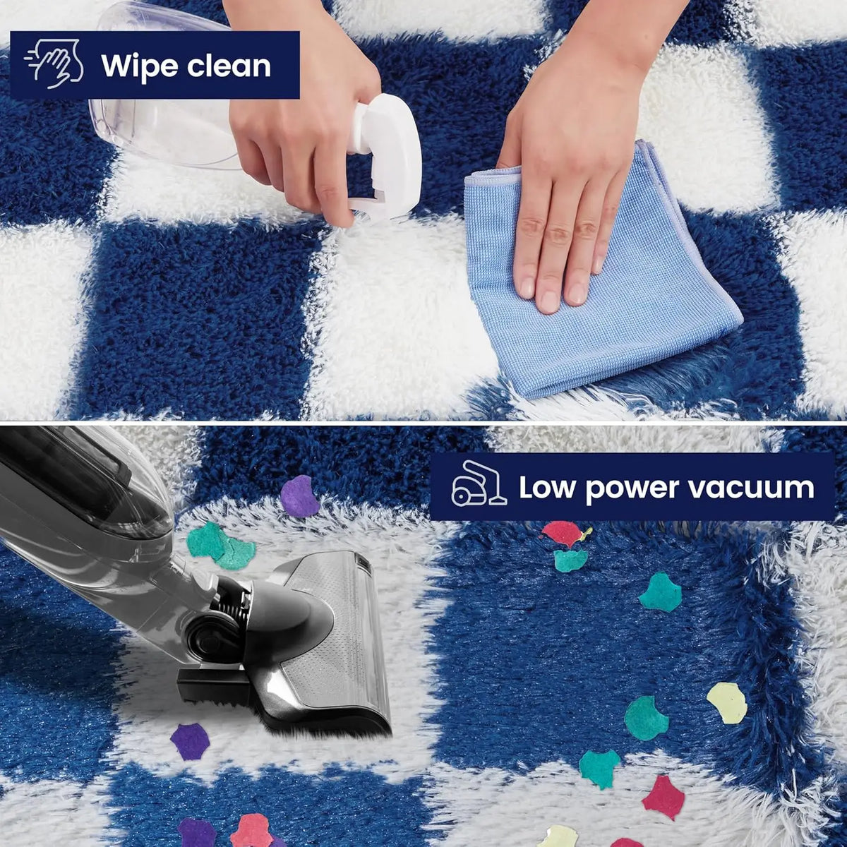 Tapis à damier moelleux pour salon - Nesty, collage nettoyage au chiffon humide et à l'aspirateur basse puissance sur des confettis colorés