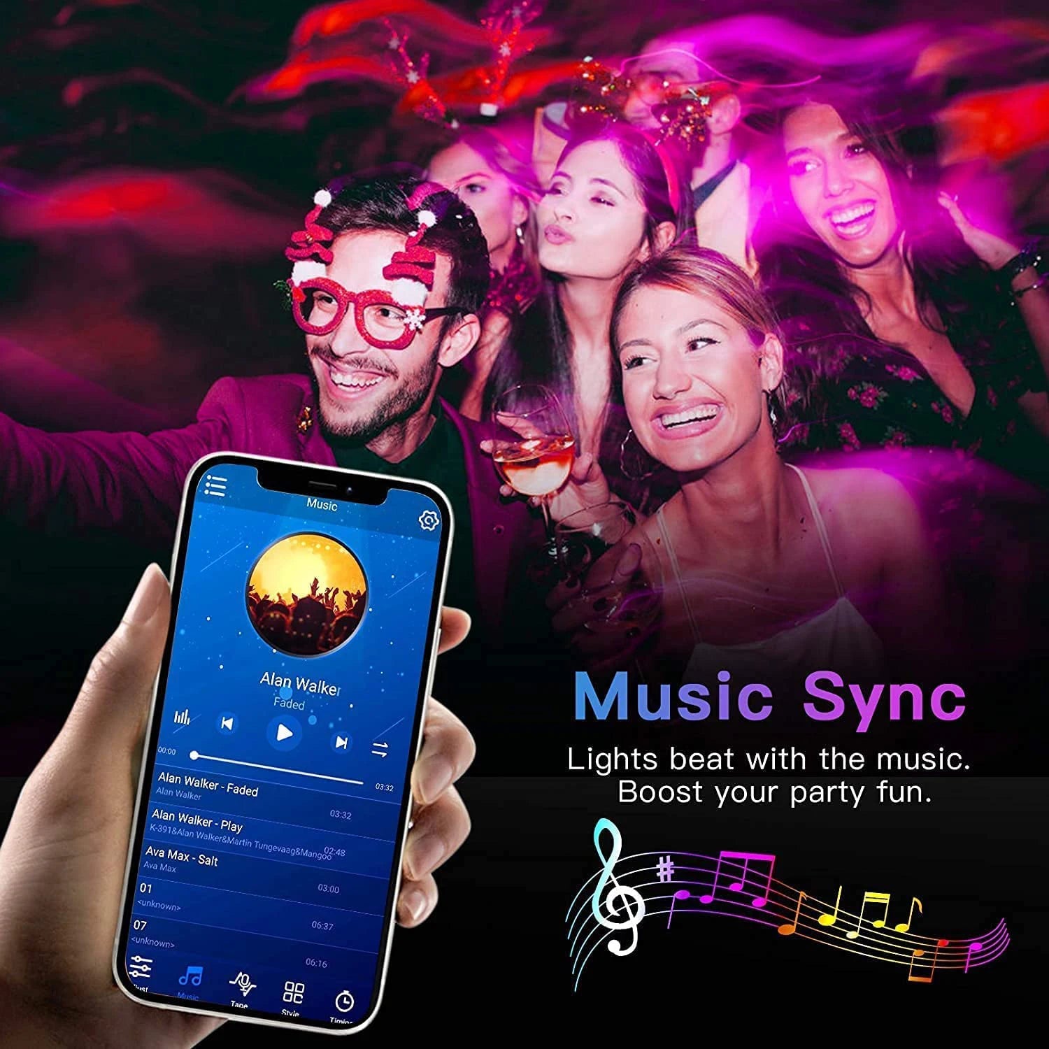 Ruban LED USB flexible Nesty - Ambiance de soirée synchronisée à la musique, éclairage rose et violet