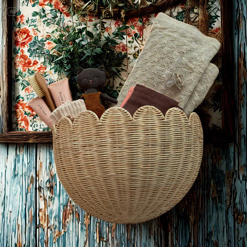 Panier mural en bambou tressé Nesty - Utilisé comme rangement de salle de bain avec doudou, chaussettes et brosses