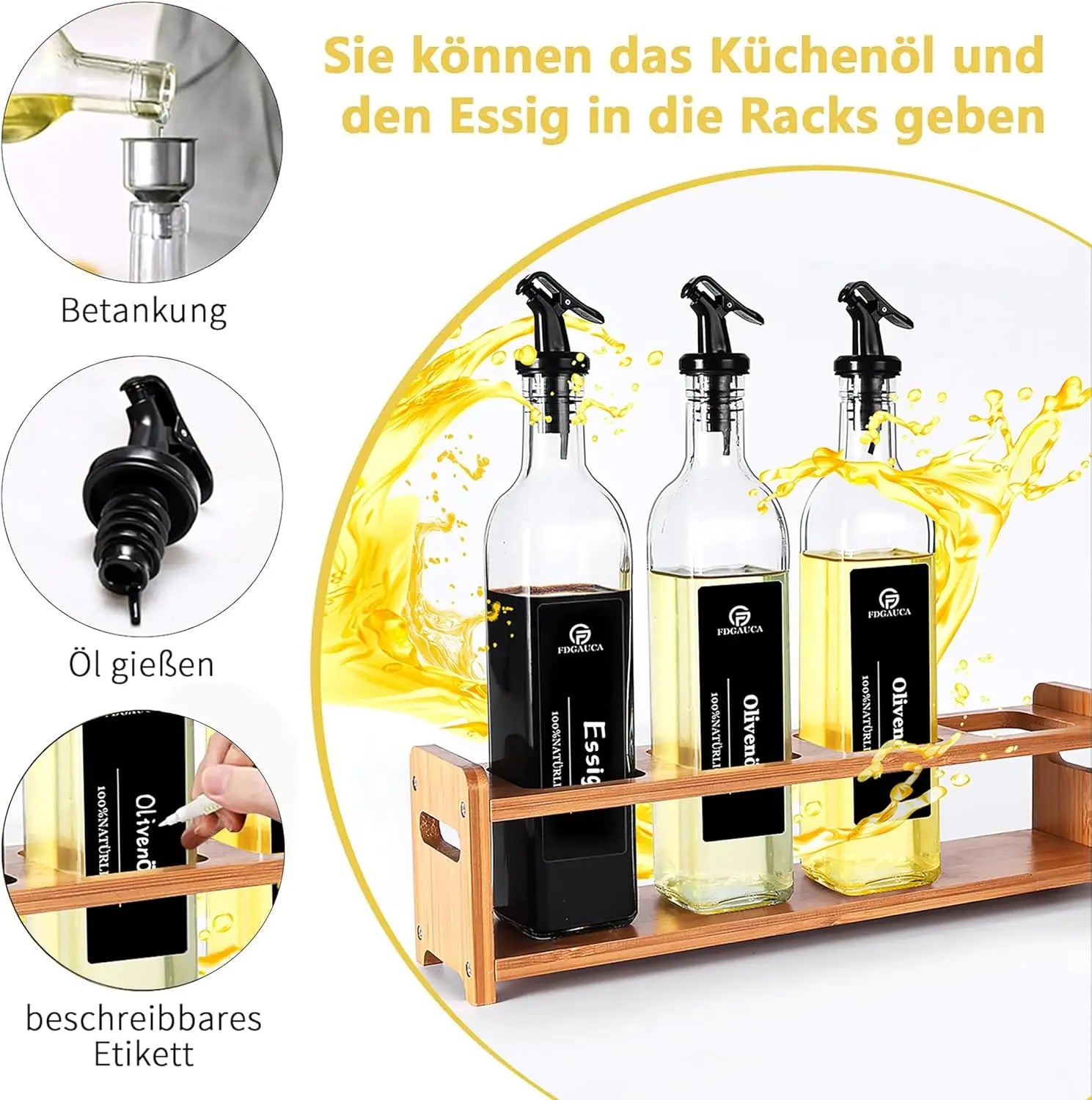 Set de 4 bouteilles à huile en verre avec support en bambou - Nesty (vue 5)
