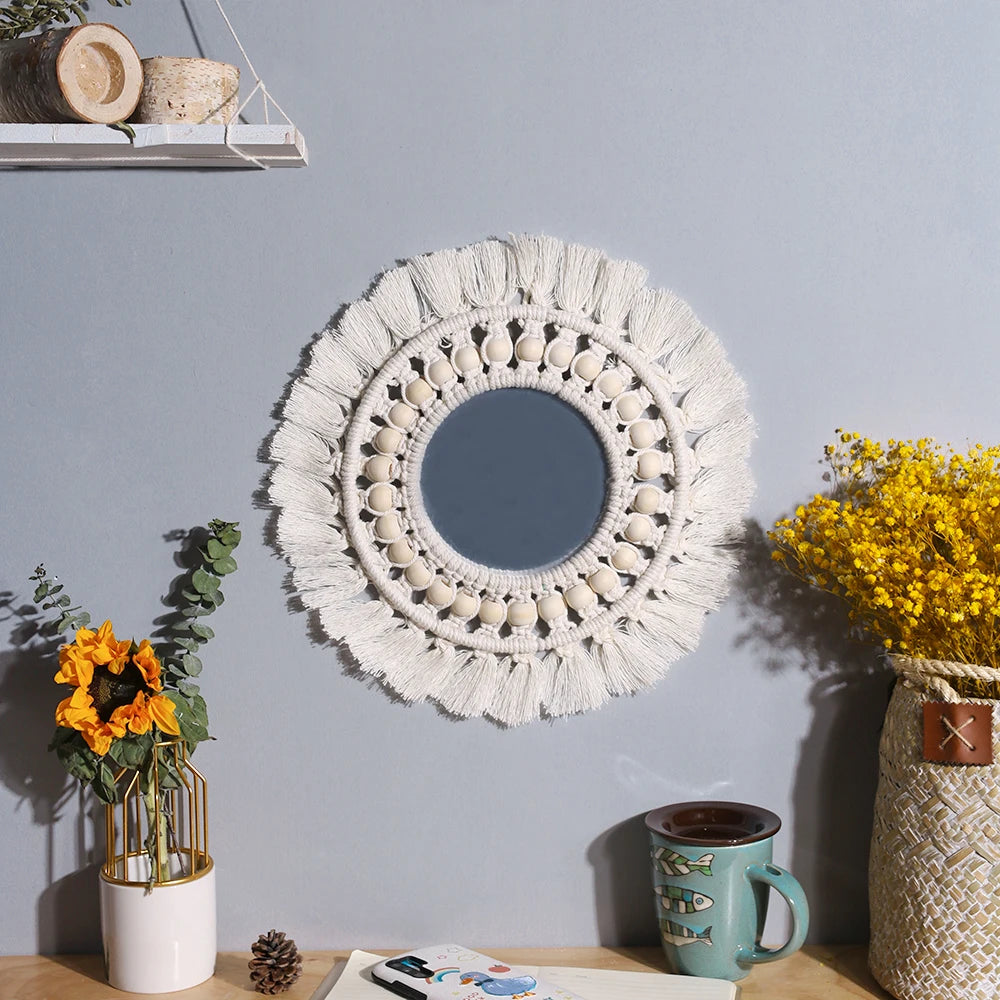 Miroir mural macramé rond, cadre tressé esprit maquillage (vue 11) - Nesty