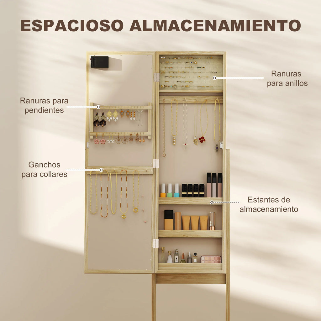 Coiffeuse miroir en bois Nesty - Détail des rangements, emplacements pour bagues, boucles d'oreilles, colliers et étagères