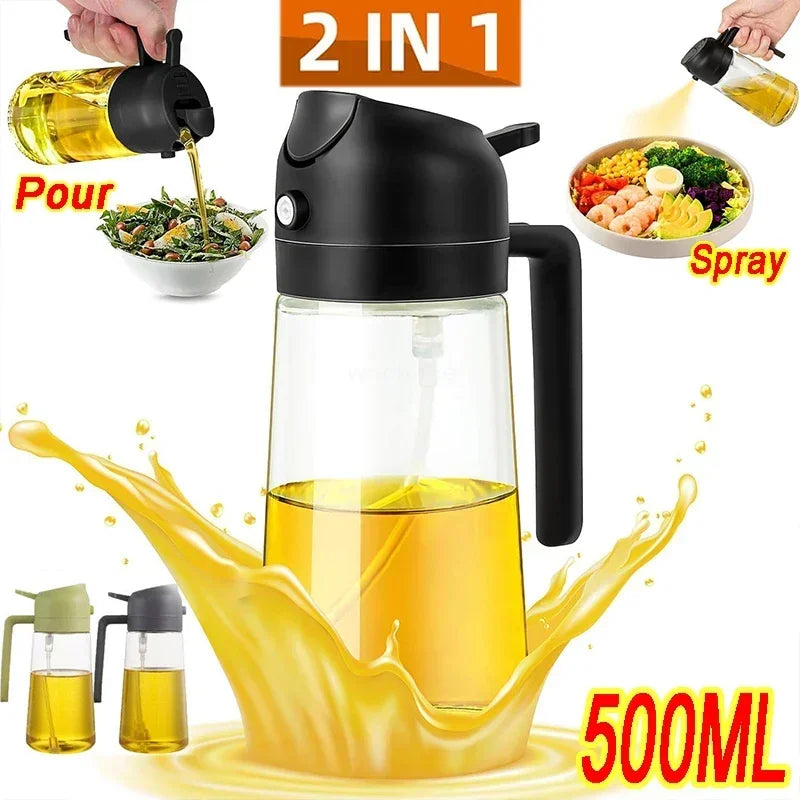 Flacon vaporisateur et verseur d'huile en verre, 500 ml Nesty, flacon d'huile noir "2 en 1" versant sur une salade et pulvérisant sur un bol de crevettes et légumes, silhouettes vert et gris en bas, texte "500ML"
