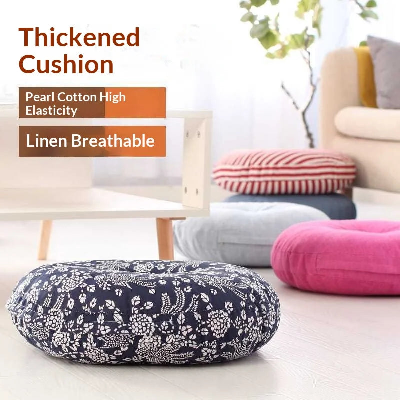 Grand coussin de méditation zafu en lin, pour banquette ou yoga Nesty, galettes de méditation rondes de couleurs variées (bleu, rose, gris) dont une florale bleu marine, sur parquet clair, texte "Thickened Cushion, Pearl Cotton, Linen Breathable"