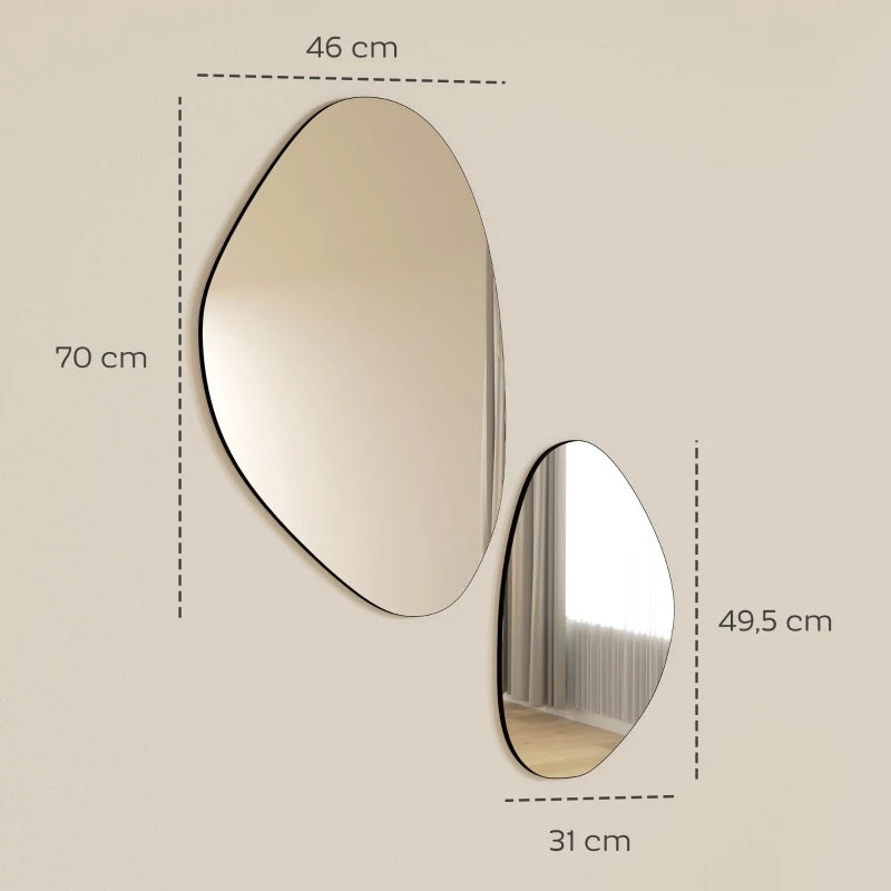 Duo de miroirs muraux galets à fin liseré noir, avec cotes techniques : 70 x 46 cm et 49,5 x 31 cm - Nesty