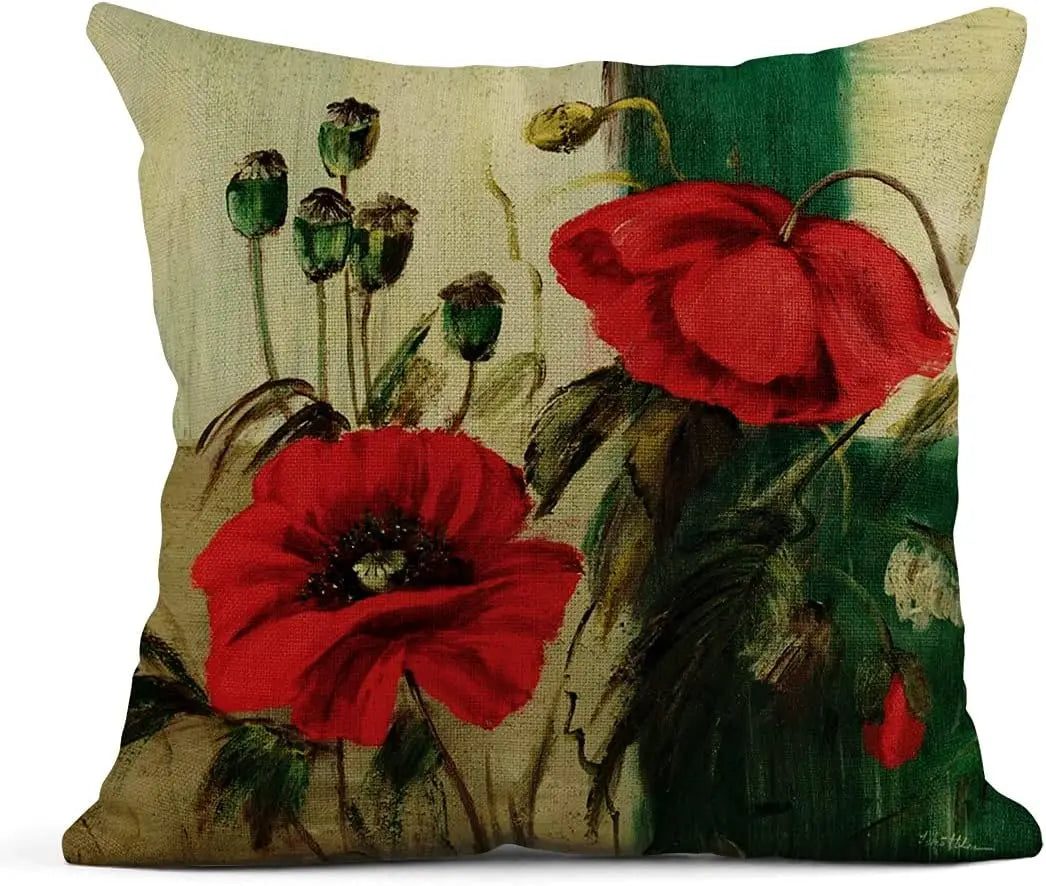 Housse de coussin en lin, motif floral rouge, format carré Nesty, housse de coussin peinte de coquelicots rouges et boutons verts sur fond beige et vert, style aquarelle