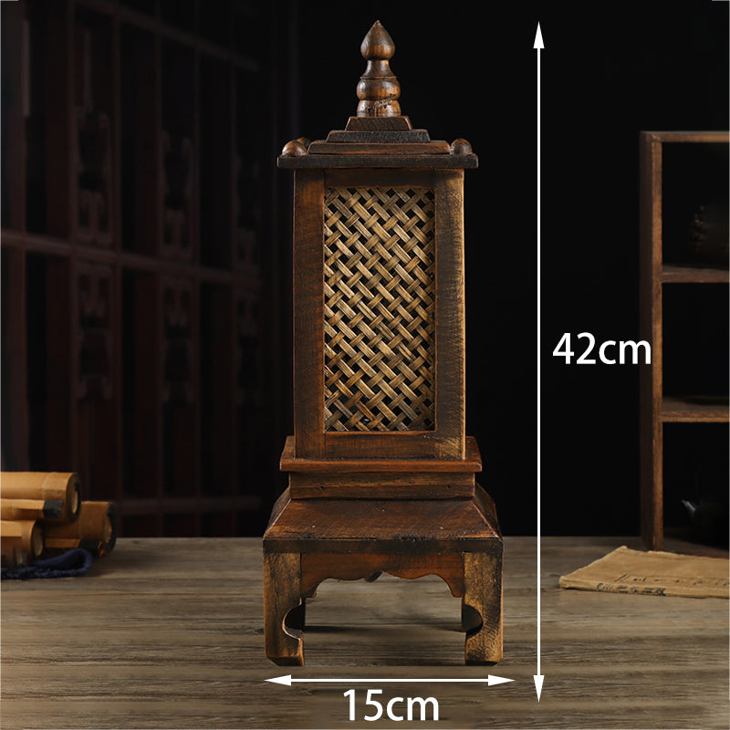 Lampe à poser rétro en bois et bambou Nesty - Hauteur 42 cm, fond bibliothèque sombre