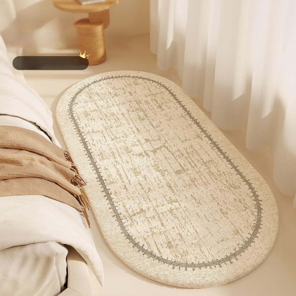 Descente de lit ovale crème Nesty - Bordure grise à chevrons et centre en tissage texturé beige