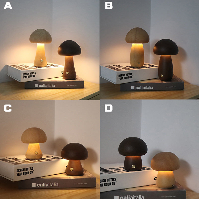 Lampe champignon LED en bois Nesty - Comparatif des coloris bois clair et foncé, modèles A à D